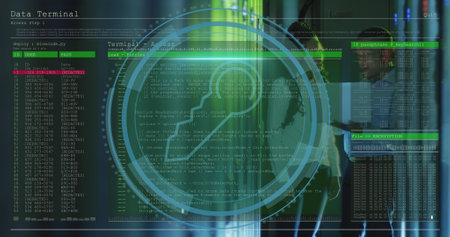 Image of data processing over african american workers in server room. Global business and digital...