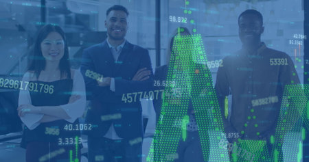 Image of data processing over diverse business people smiling in office. Global business and digital...