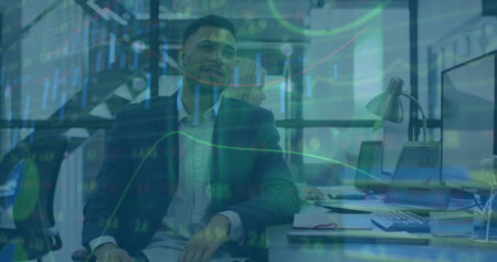 Image of data processing over diverse business people using computers in office. Global business and...
