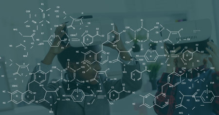 Image of chemical formulas over african american boy using vr headset. Global science, connections, data processing and digital interface concept digitally generated image.の写真素材