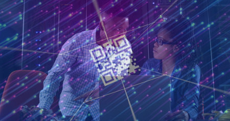 Image of data processing over african american couple server room workers using laptop. Cloud computing concept digitally generated image.の写真素材