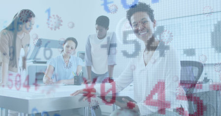 Image of data processing over diverse business people talking in office. Global business and digital...