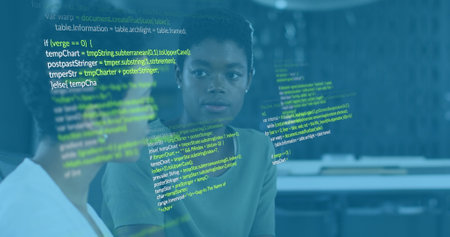 Image of data processing over diverse business people talking in office. Global business and digital...