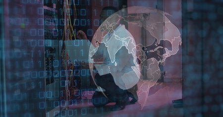 Image of data processing and globe over african american male server room worker. Cloud computing...