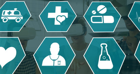 Image of science icons over two diverse people using vr headsets. Global science, connections, data...