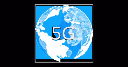 Image of rotating globe and 5g on black background. Network, connections, communication and...