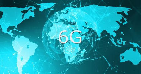 Image of rotating globe, connections and 6g on blue background. Network, connections, communication and technology concept digitally generated image.の写真素材