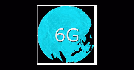 Image of rotating globe and 6g on black background. Network, connections, communication and technology concept digitally generated image.の写真素材