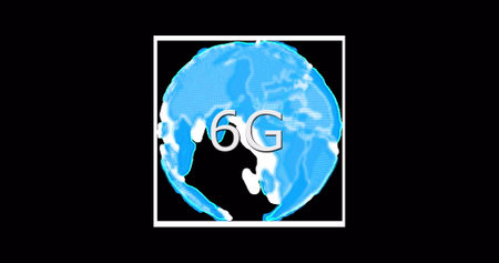 Image of rotating globe and 6g on black background. Network, connections, communication and technology concept digitally generated image.の写真素材