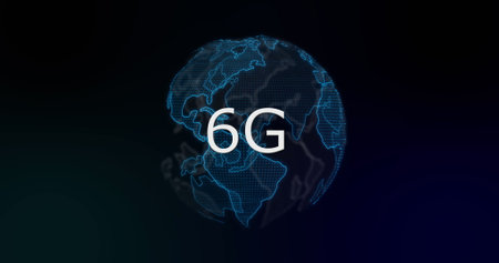 Image of rotating globe and 6g on black background. Network, connections, communication and technology concept digitally generated image.の写真素材