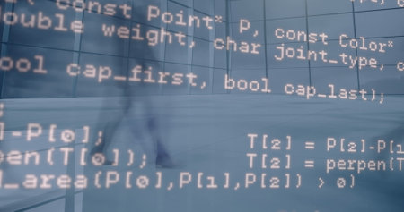 Image of data processing over timelapse with walking people. Network, communication, business and...