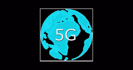 Image of rotating globe and 5g on black background. Network, connections, communication and...