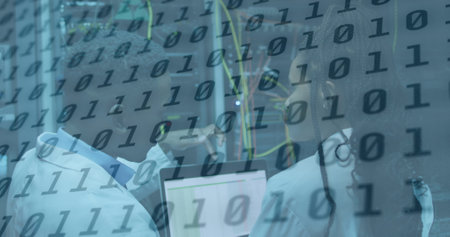 Image of data processing over african american couple server room workers. Cloud computing concept...