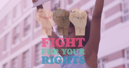 Image of fight for your rights text over african american women with banner. National women's equality day concept digitally generated image.の写真素材