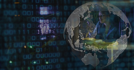 Image of data processing and globe over african american female server room worker. Cloud computing concept digitally generated image.の写真素材