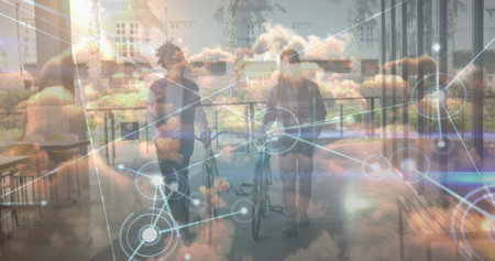 Image of network of connections over clouds and african american men with bikes. Sport, active lifestyle, communication and connections concept digitally generated image.の写真素材