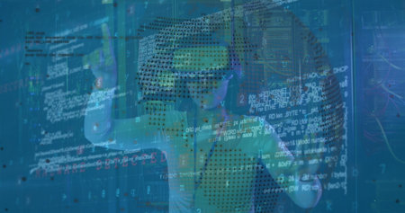 Image of data processing over african american female server room worker using vr headset. Cloud...