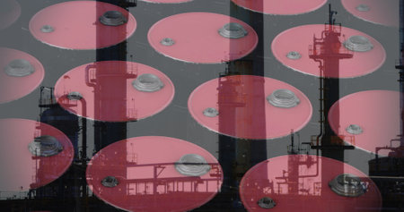 Image of factory over barrels. National petroleum day and digital interface concept digitally generated image.の写真素材