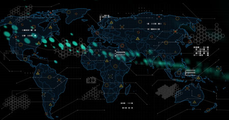 Image of graphs, data and world map on black background. Data processing, computers, digital screen...