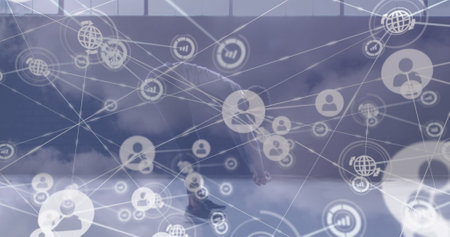 Image of network of connections over clouds and african american man exercising. Sport, active...