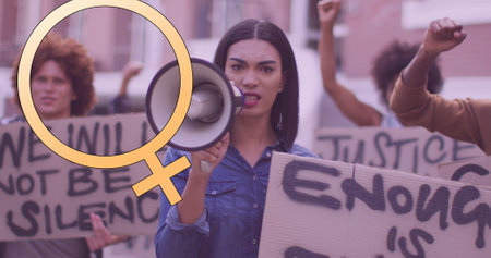 Image of girl female symbol over diverse group of women with banners. National women's equality day concept digitally generated image.の写真素材