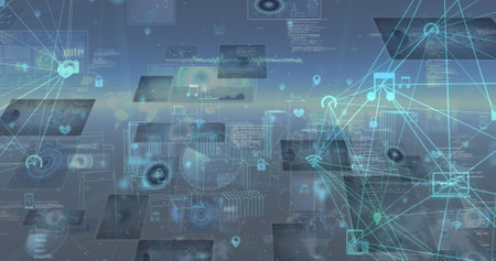 Image of network of connections with icons over data processing and cityscape. Global technology, computing and digital interface concept digitally generated image.の写真素材