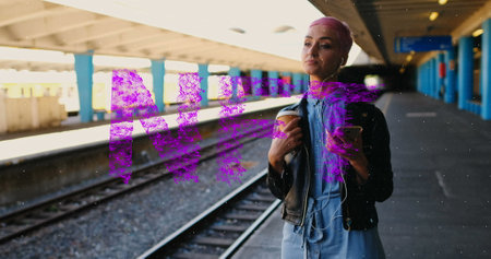 Headscarf commuter holding coffee cup, checking smartphone platform with purple overlay, copy space....