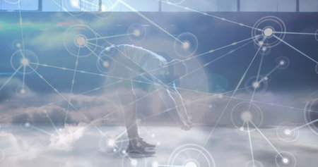 Image of network of connections over clouds and fit african american man exercising. Sport, active...