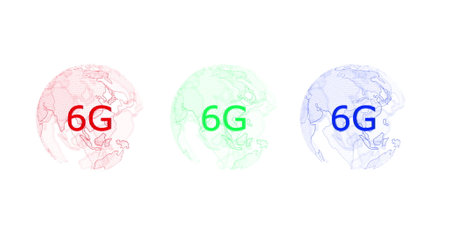 Image of rotating globes and 5g in blue red and green globes on white background. Network, connections, communication and technology concept digitally generated image.の写真素材