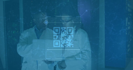 Image of data processing over african american couple server room workers. Cloud computing concept...