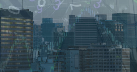 Image of financial graphs and data over cityscape. Global finance, economy and business concept...