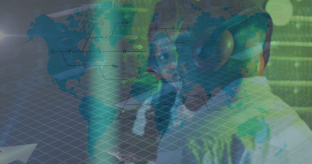 Image of data processing over african american couple server room workers using headphones. Cloud...