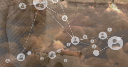 Image of network of connections over clouds and african american businesswoman. Business, network,...
