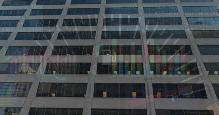 Image of financial graphs and data over office building. Global finance, economy and business...