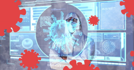 Image of covid 19 cells and data processing on interface over male medical worker in ppe suit....