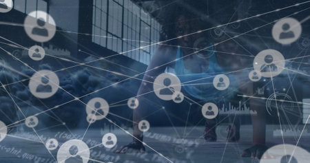 Image of network of connections and sky with clouds over african american woman exercising. Global connections, sport and digital interface concept digitally generated image.の写真素材