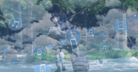 Image of network of connections over clouds and back view of woman with suitcase. Business, network,...
