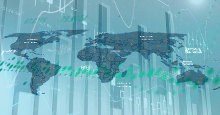 Image of graphs and world map on blue background. Global network, data processing, finance,...
