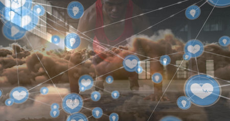 Image of network of connections over clouds and fit african american man doing push ups. Sport,...