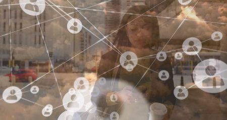 Image of network of connections over clouds and woman walking with coffee. Business, network,...