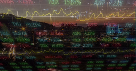 Image of financial graphs and data over timelapse with road traffic at sunset. Global finance,...