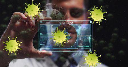 Image of virus yellow cells over caucasian male doctor with digital card with virus data. Health,...