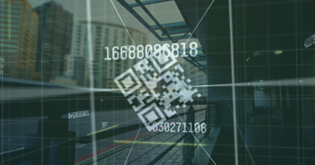 Image of qr code and numbers over cityscape. Network, data processing, digital security and...