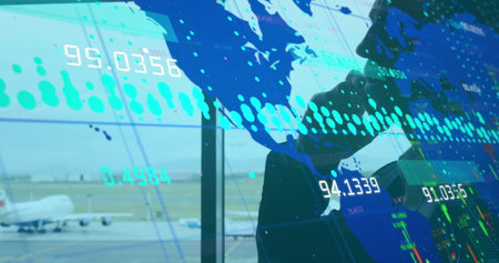 Image of world map and data processing over businessman using smartphone at airport. Global...
