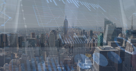 Image of financial data processing over diverse people and cityscape. Global business, finances and...
