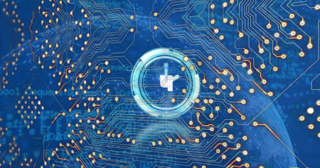 Image of integrated circuit and clock with counting over globe and blue background. Global network,...
