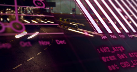 Image of data processing over cityscape. Global connections, data processing and digital interface...