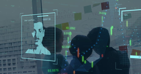 Image of graphs and user icons over people in office. Social media, global business, finance,...
