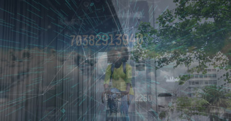 Image of network of connections over african american woman on bike and clouds. Sport, fitness and...