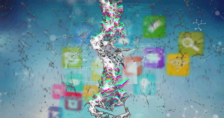 Image of dna, tech icons and data on screen in blue space. Global network, data processing, and...